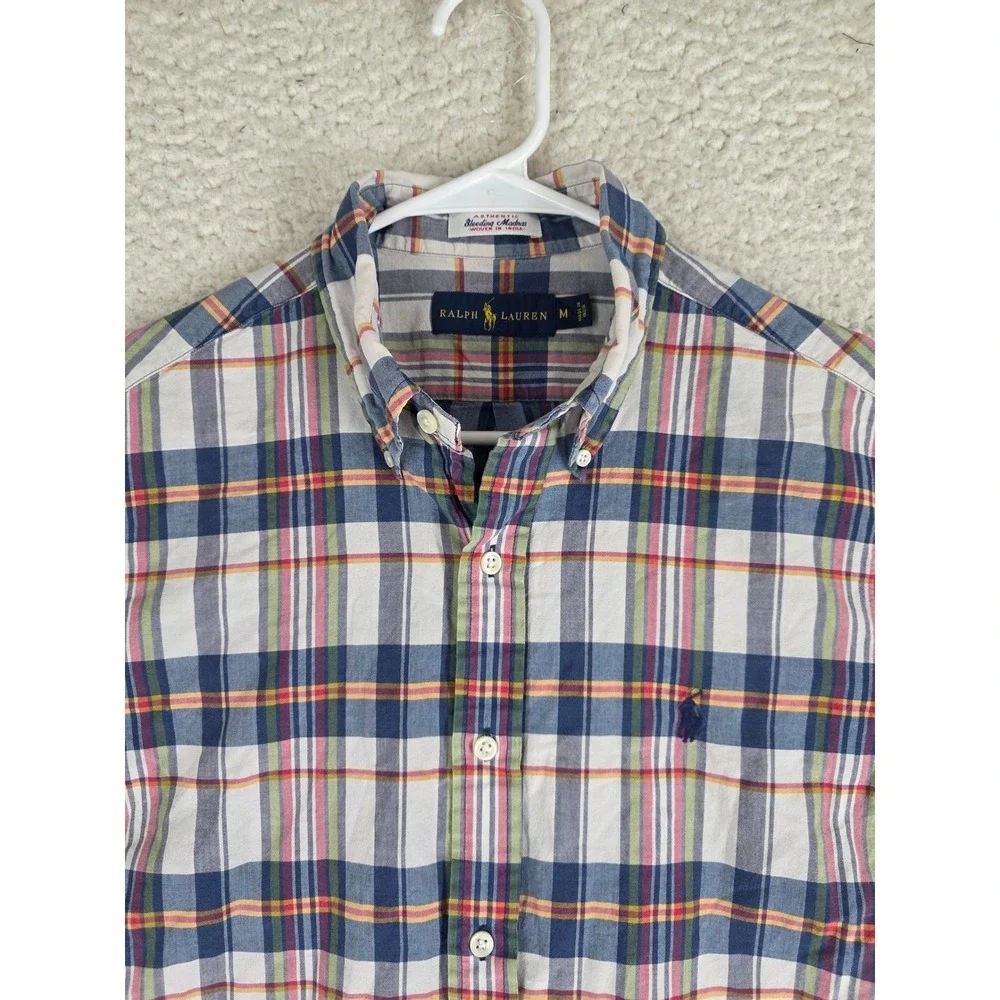 Ralph Lauren Bleeding Madras Shirt Mens M Blue White Plaid Button Down SS